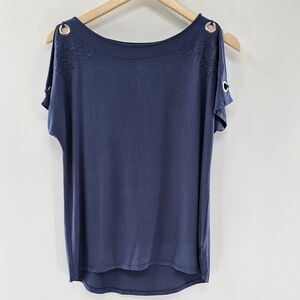 Cable & Gauge Vintage Blue Boatneck Peekaboo Capped Sleeve Top Womens Size Small